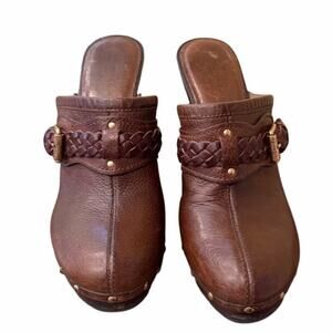 Michael Kors Brown Leather Mules Wooden Heels Women’s Size Braided Detail Size 8